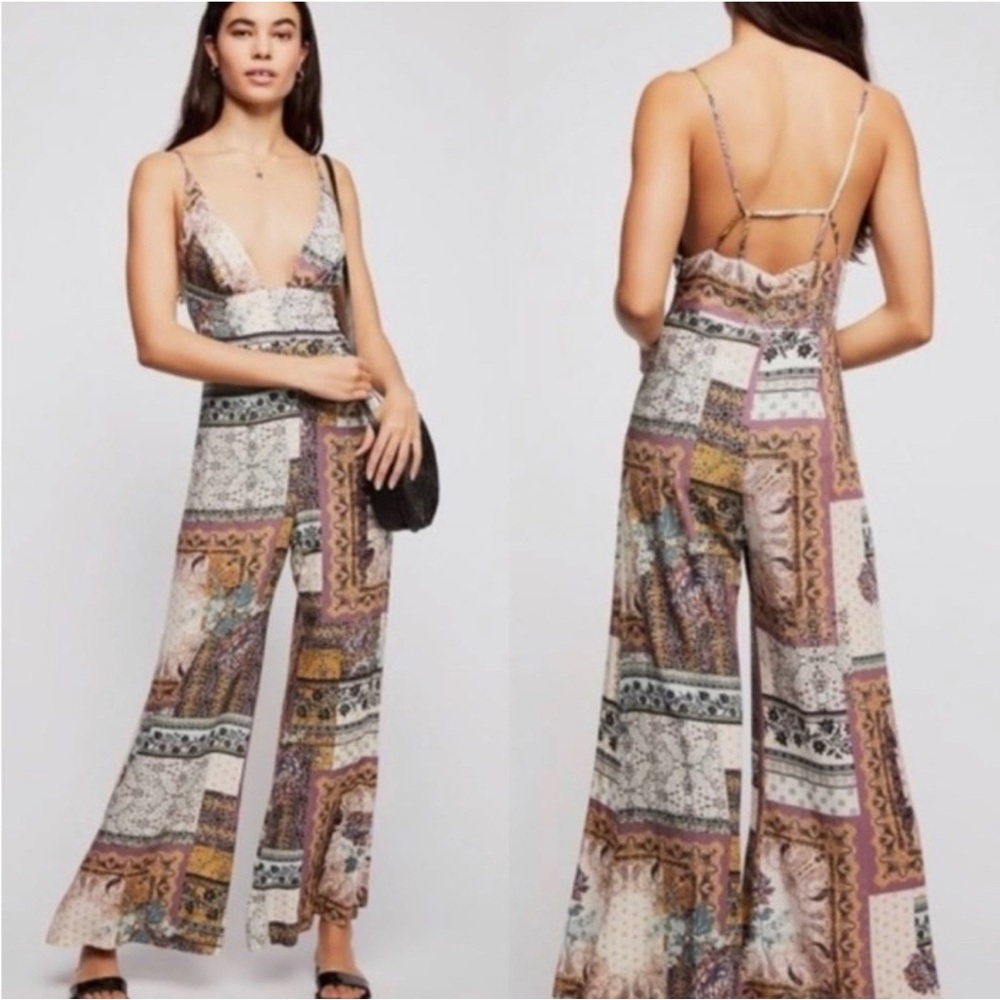 NWT Free People Margarita Patchwork Jumpsuit in Ivory Combo Size 12